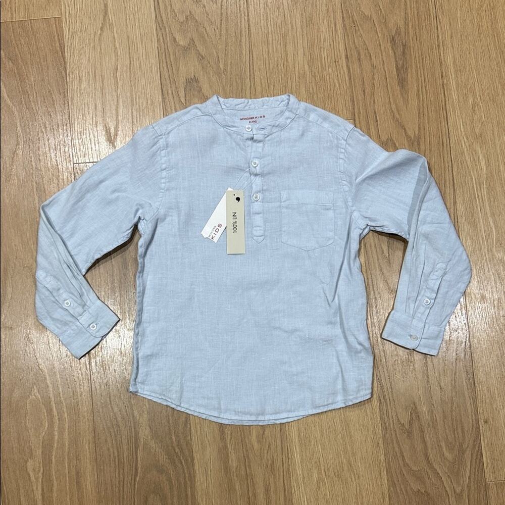 Monoprix Kids Blue 1/2 Button Long Sleeve Linen Shirt Size 8 NEW!